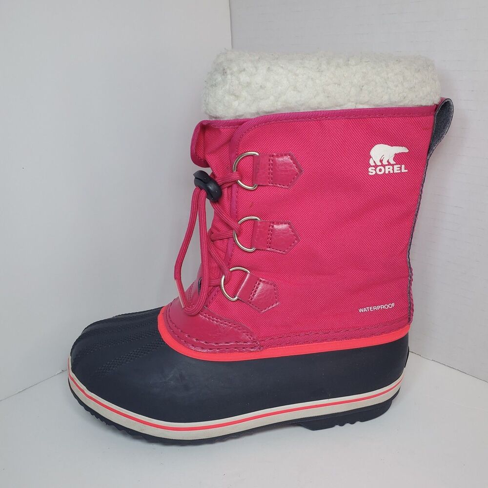 Sorel Girls Sz 5 Yoot Pac Snow Boots Pink Black Waterproof Winter Faux Fur EUC